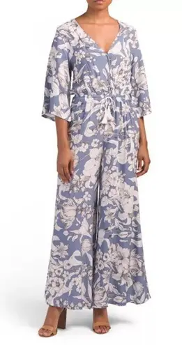 Jaase Aurora Floral Wide Leg Jumpsuit Blue White Rayon Boho 3/4 Sleeve Size M