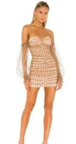 Majorelle  Secrets Dark Nude Polka Dot Bodycon Off Shoulder Mini Dress S