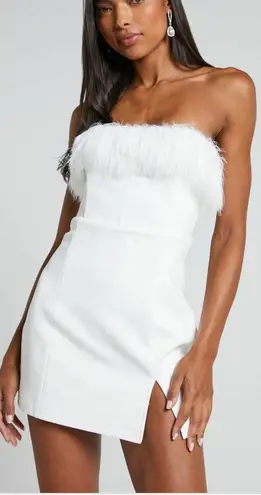 Showpo RHAIZA MINI DRESS - FAUX FEATHER TRIM STRAPLESS DRESS IN WHITE