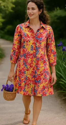 WD NY Vibrant Floral Shirt Dress/ Midi, Cotton/Maximalist, Dopamine, Preppy Lg