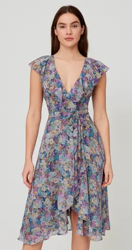 Garey Petites California Floral Wrap Midi Dress Ruffle V Neck Tie Waist Size S Purple