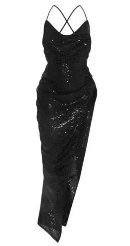 Pretty Little Thing NWT  Black Textured Sequin Cowl Neck Thigh Split Maxi Dress 12