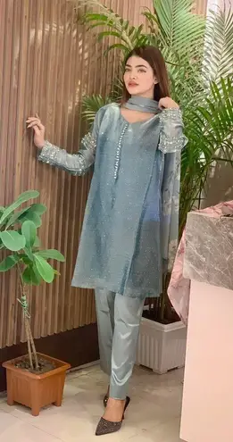 Bollywood Design silk 3pc kamiz suit Indian Pakistani New Blue Size M