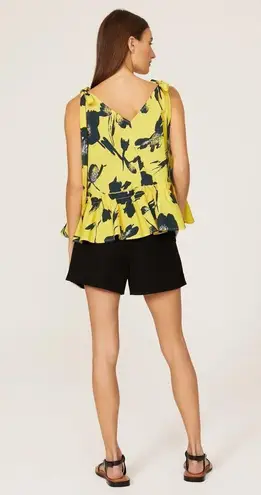 Jason Wu RTR Floral Sleeveless RuffleV Neck Top Tie Straps 10 Yellow Navy Blue