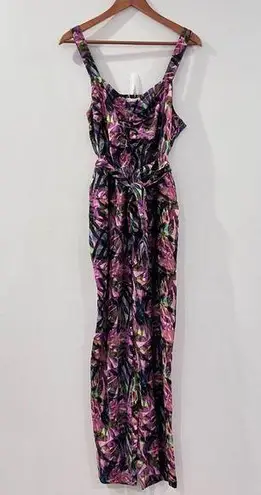 Soft Surroundings  Botanical Floral Jumpsuit Size 8 Women's Belted Black Pink