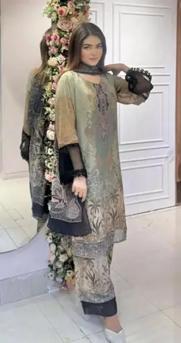 Bollywood design chiffon 3pc kamiz set Indian Pakistani Green Size L