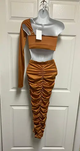 Meek Kash Queen- Rust One Arm Cropped Ruched Skirt Set