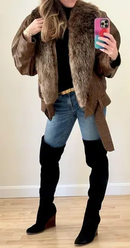 Vintage 1980s Flemington Furs Oversized Leather and Fur Winter Coat Size L