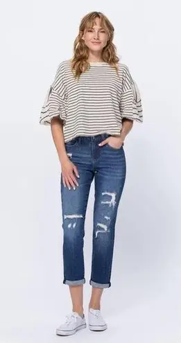 Judy Blue Jeans Women’s 27 Blue Aggie Mid-Rise Thermal Patch Boyfriend Fit