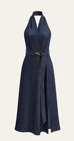 Commense Denim Belted Halter Neck Midi Dress size small Blue