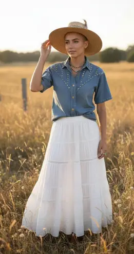 Petite Sophisticate Vintage 80s Studded Denim Structured Blouse Approx Size S/M - Image 1