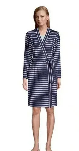 Lands’ End Cotton Above Knee Length Robe Deep Sea Navy Stripe Plus Size 1X