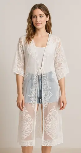 White Sheer Lace Kimono Duster Cardigan Size Small