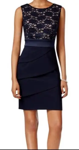 Connected Apparel Navy Blue Sequins Lace Sheath Dress Tiered Skirt Size 8