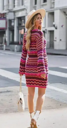 VICI Free The Roses L NWT Crochet Knit Multi Colored Dress Fuchsia Multi Long Pink Size L