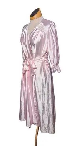 Vtg 1980s Lorraine Blush Pink Satin Embroidered Gathered Sleeve Wrap Robe Sz M
