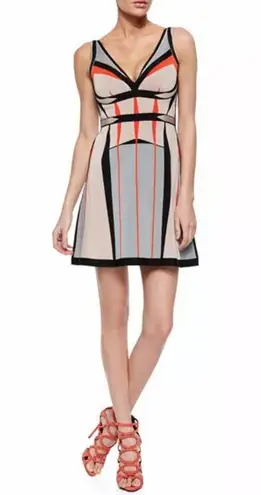 Herve Leger Cameron Engineered colorblock jacquard A-line dress size medium NWT