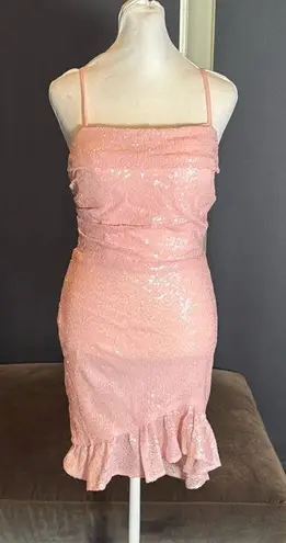 Women’s Pink Sequined Short Homecoming Party Dress Ruffle Hem CorsetBack Size 4