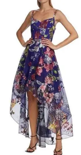 Marchesa Notte Asymmetric Floral Embroidered Gown Dress Hi