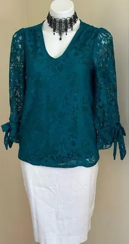 Charter Club NWT Teal Blue Sheer Lace Under Blouse Sz S Leg Of Mutton Bo…