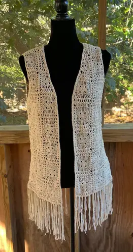 Reba Women's Tan Crocheted Open Vest Cardigan Fringe Trim Size M Size M