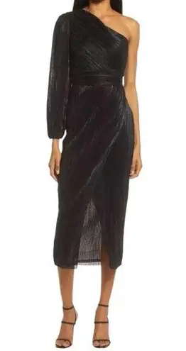 Saylor Alora One Shoulder Plisse Metallic Black Midi Dress SMALL