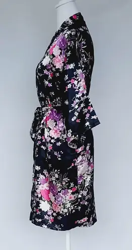 Silky Satin Robe Floral Pattern Kimono Short Black Size Small