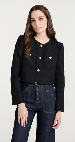 Cinq A Sept Black Bouclé Knit Auden Crop Jacket Gold Buttons Old Money Elegant Size 16