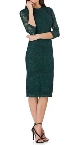 JS Collections Lace Dress Forest Sheer Sleeve Soutache Midi Sheath Dress Size 2