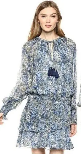 Ramy Brook Tiered Tassel Tie Neck Blouson Dress Brinley Blue Floral Size Med
