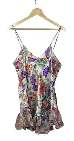 VINTAGE Satin Floral Ruffle Mini Slip Dress in White/Pink/Purple OS White Size undefined
