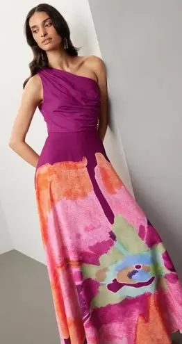 AMUR Atlas Painterly One Shoulder Floral Evening Gown Purple Womens Size 4 Pink