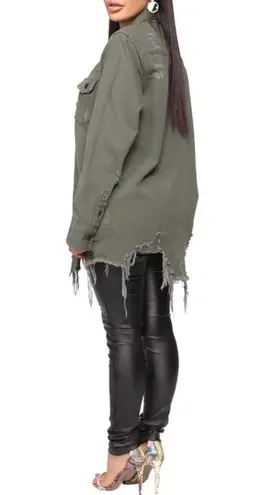 American Bazi Women's Distressed Denim Olive Ripped Outerwear Denim Jacket Med