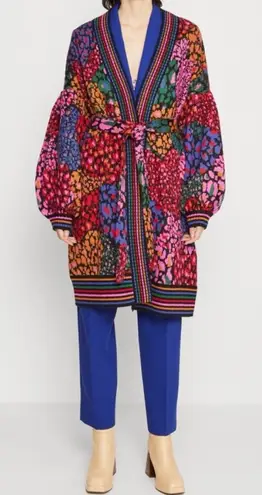 Farm Rio Rainbow Hearts Jacquard-knit Belted Cardigan Size XS
