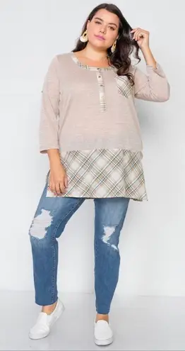 L LOVE Taupe Plaid Detail 3/4 Sleeve Top 2XL