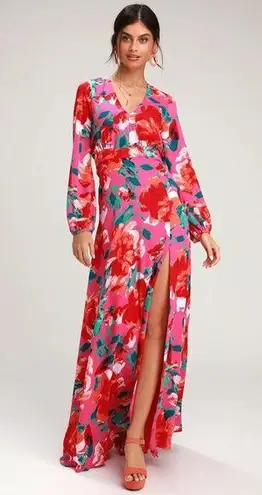 Lulus Carolita Magenta Floral Print Long Sleeve Maxi Dress Size Medium Side Slit Pink