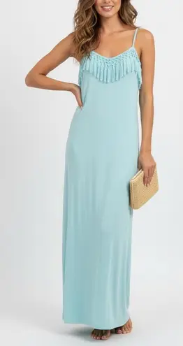 Bonsai California Maxi Dress Boho Fringe Spaghetti Strap Turquoise Blue Size L Size L