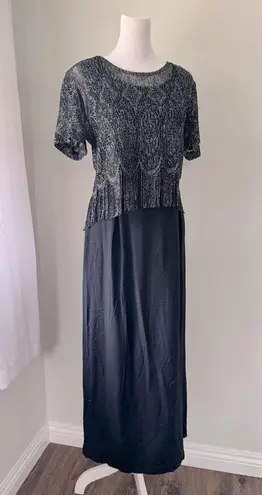 Vintage ‘90s Black Scoop Neck Sleeveless Maxi Dress w/ Metallic Fringed Topper Size 6
