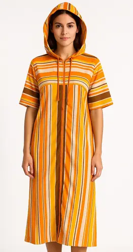 1970s Bard’s Toronto Striped Hooded Zip Caftan Dress vacation pool beach medium Orange
