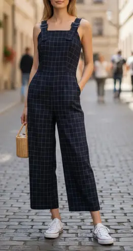 Club Monaco Windowpane Check Jumpsuit Navy Blue Sz 4 Sleeveless Cropped Grid
