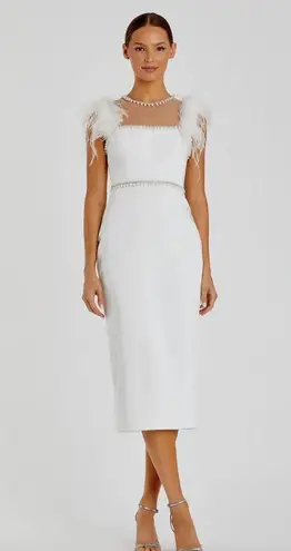 Mac Duggal White Feather Cap Sleeve Pearl Embellished Tea-length Fit Dress
