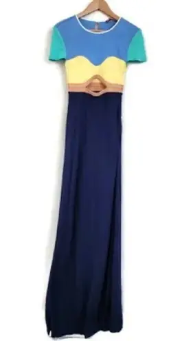 Staud Women's Colorblock Cutout Maxi Dress Blue Yellow Short Sleeve Evening Gown