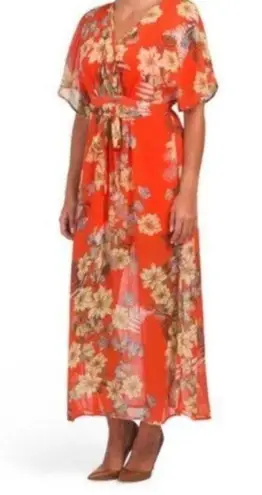 Love, Fire Love Fire Tropical Print Bohemian Floral Flutter Sleeve Semi Sheer Maxi Dress M