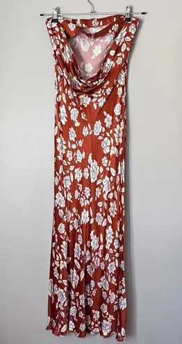 Bec & Bridge Blossom Strapless Satin Floral Cowl Back Maxi Dress Rust Red