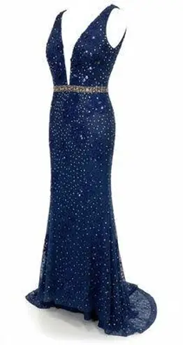 Panoply Navy Blue Beaded Lace embroidered V Neck Prom Evening Gown Dress Size 8