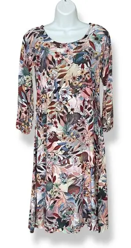 Floral Dress Long Sleeve Scoop Neck Elaborate Pattern Print Sheath Leafy Women Pink Size XXS