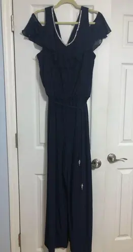 Roz & Ali flowy navy blue jumpsuit rhinestones v neck wedding pantsuit size 1X