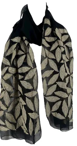 Shawlsmith London Black Sheer Leaf Print Scarf Wrap Shawl