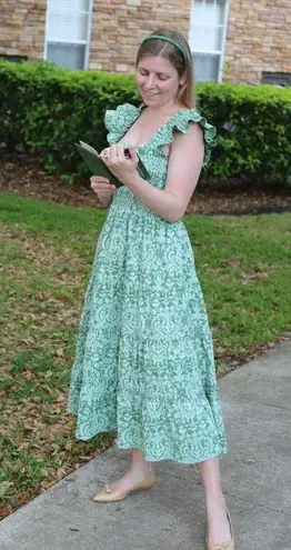 NWT Hill House Ellie Nap in Green Jacquard Print Smocked Midi Dress XL