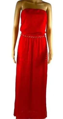 Cache  Strapless Red Orange Textured Slit Sides Belted Maxi Dress Womens Small